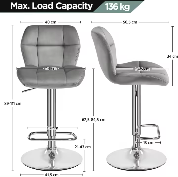 Juego de 2 Taburete de Bar Taburete de Altura Ajustable 89-111 cm Taburete Industrial Metal Silla de Cocina Tasburete Alto para Cocina Bar Comedor Blanco - 1