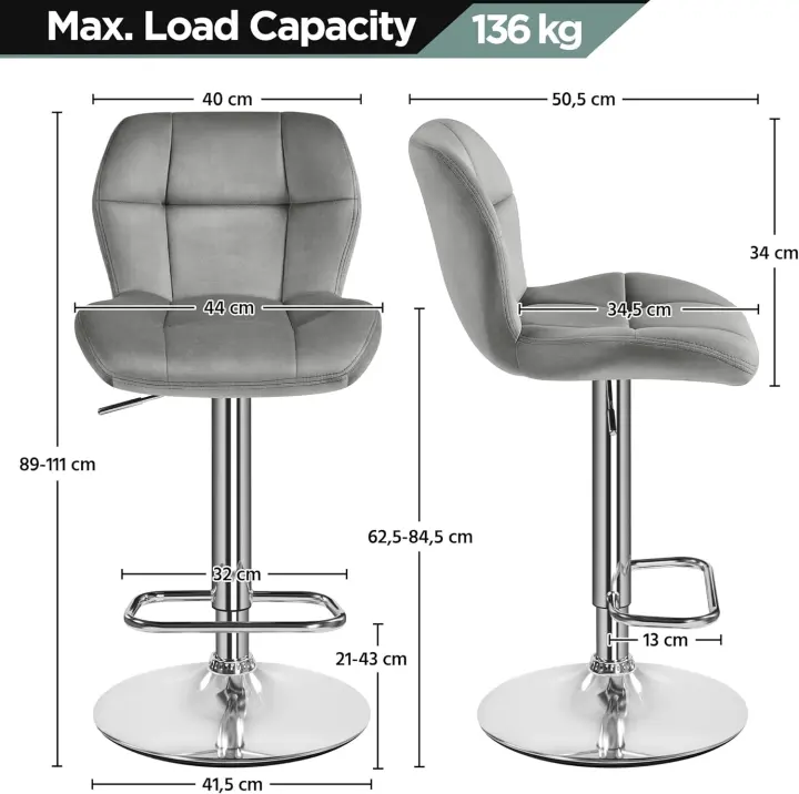 Juego de 2 Taburete de Bar Taburete de Altura Ajustable 89-111 cm Taburete Industrial Metal Silla de Cocina Tasburete Alto para Cocina Bar Comedor Blanco - 1
