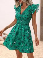 Chaleco elegante con estampado de flores, vestido acampanado para mujer, minifalda con cuello en V, vestidos elegantes para vacaciones - details 11