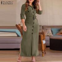 ZANZEA-Vestido camisero elegante para mujer, Vestido veraniego de trabajo OL, informal, con cuello de solapa, manga larga, para fiesta, dobladillo dividido, 2025 - details 2