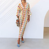 Vestido de manga corta con cuello en V, ajustado, elegante y largo con estampado de bloques de color de moda para mujer, primavera 2025 - details 6