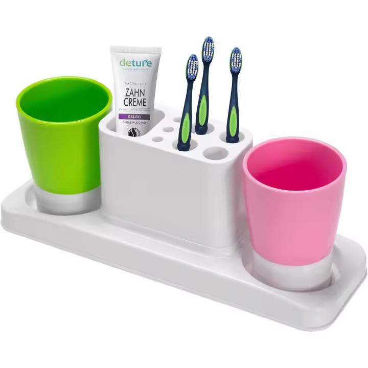 Aebeky Soporte de plástico para cepillo de dientes, soporte para pasta de dientes de baño con 2 tazas - 1