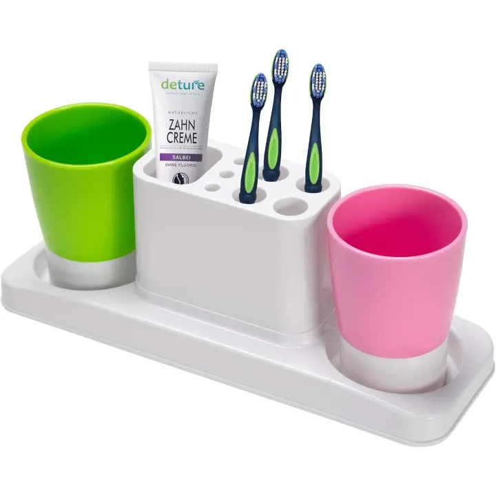 Aebeky Soporte de plástico para cepillo de dientes, soporte para pasta de dientes de baño con 2 tazas - 1