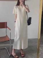 Nuevo vestido Vintage de verano para mujer, tejido de seda helada, moda coreana, cuello redondo, manga corta, informal, suelto, Vestidos largos con abertura - details 0