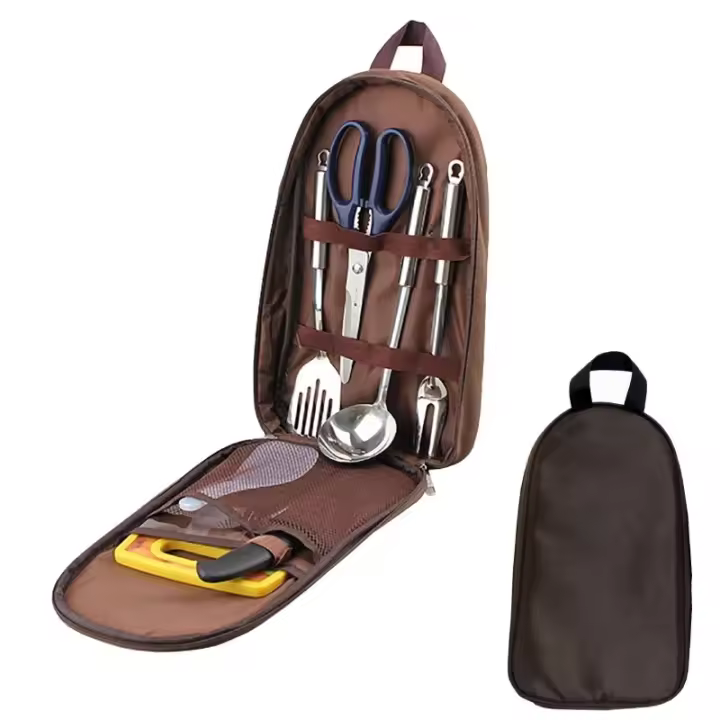 Juego de utensilios de cocina con bolsa de transporte para acampada, 7 piezas, barbacoa, playa, senderismo, organizador de viaje, paquete de almacenamiento, equipo de utensilios de cocina - 1
