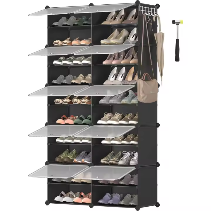 Zapatero, Estantería Modular de Plástico de 10 Compartimentos, Entrada Recibidor con Paneles Separadores Ajustables, 30 x 40 x 30 cm, Negro LPC035B01 - 1
