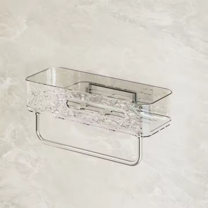 Práctico estante de almacenamiento para el baño montado en la pared, sin perforaciones, con toallero, organizador, bandeja de almacenamiento para ahorro de espacio para mascotas, cepillo de dientes - 1