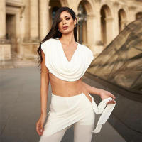 BUNO-Conjunto elegante de 2 piezas con pliegues de gato extraño para mujer, Tops cortos sexis sin mangas con cuello bajo + Pantalones rectos con borlas de cintura Irregular, traje liso - details 11