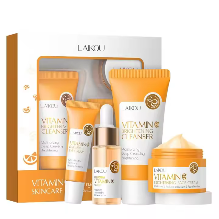 Set de cuidado facial con vitamina C, crema facial hidratante, 5 unids/set con Limpiador, Tónico, Sérums, Crema de ojos, Crema Essence, Sets de regalo navideño para una piel radiante y brillante, ayuda a aliviar las líneas finas - 1