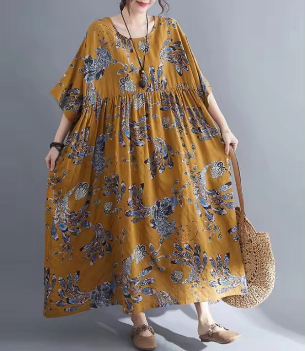 Falda larga de algodón retro de lino floral de ocio, adecuada para mujeres grandes, primavera y verano - 1