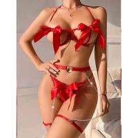 2024 Sexy Santa Bow porno ropa interior roja 3 piezas hueco perspectiva conjunto de sujetador mujeres Sexy cuerpo sólido Tanga y lencería sexual Ultra caliente - details 2