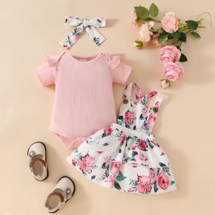 Vestido De Verano De Color Sólido, Manga Corta Flor, Espalda, 3 Piezas, 0 a 1 Año, Dulce, Viento, 2024 - 1