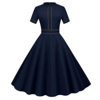Solid women summer elegant short sleeve stand collar vintage a-line midi long party dress - details 1