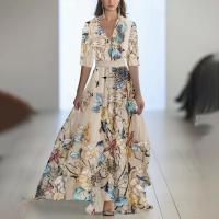 2025 Nueva ropa de mujer, vestido largo estampado con cuello con cuentas, azul - details 4