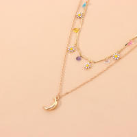 Colgante de luna Retro a la moda para mujer, conjunto de diamantes de flores, Collar Simple, cadena corta de clavícula - details 4