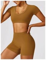 Conjunto de mallas de yoga, top, conjunto deportivo Fiess de manga corta, material de nailon para mujer, patrón sólido adaptable para primavera/verano - details 21