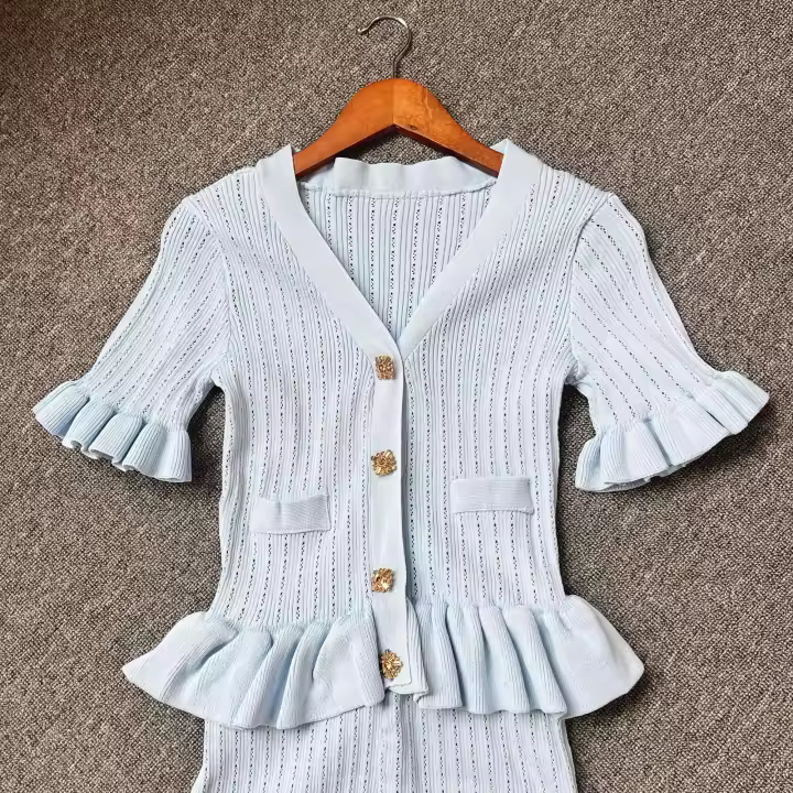 YuooMuoo marca de moda de una sola pieza de punto Maxi mujeres elegante con cuello en V con volantes cintura delgada ceñido al cuerpo Vestido de fiesta - 1