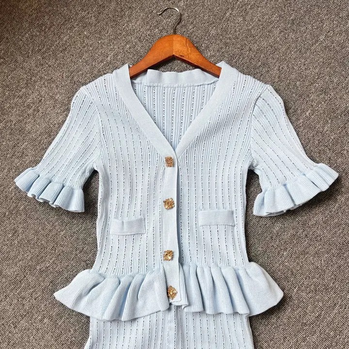 YuooMuoo marca de moda de una sola pieza de punto Maxi mujeres elegante con cuello en V con volantes cintura delgada ceñido al cuerpo Vestido de fiesta - 1