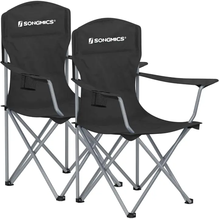 Sillas de Camping, Juego de 2 Sillas de Exterior, Respaldo Alto, Apoyabrazos, Bolsillo para Tazas, Portátil, Plegable, Carga de 150 kg, Acampada, Jardín, Pesca, Terraza, Negro GCB08BK - 1