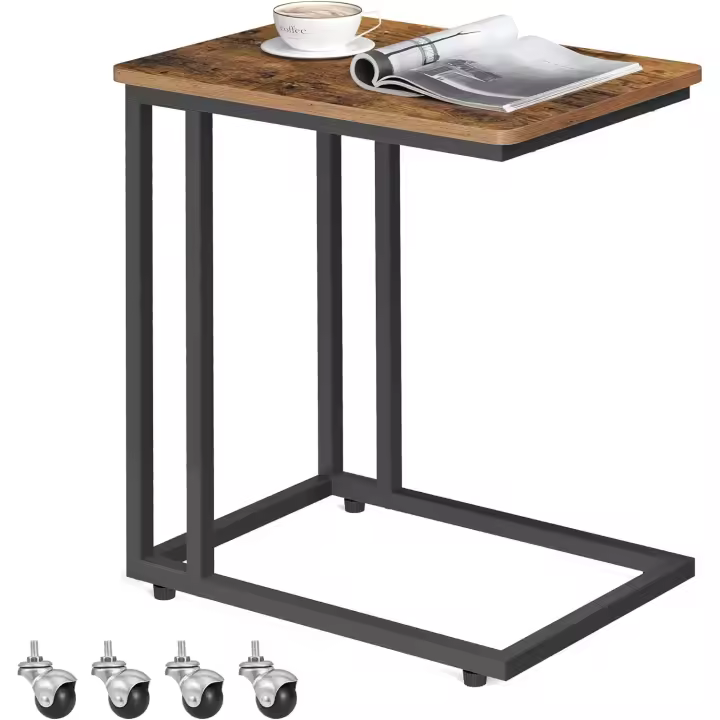 Mesa Auxiliar Industrial Mesa Lateral con Ruedas y Pies Ajustables Ideal para Dormitorio, Marco de Acero, Fácil de Montar Marrón Rústico y Negro LNT50X - 1