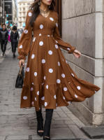 Moda femenina 2024 Primavera Vestido acampanado de manga larga con cuello en V y estampado de lunares - details 10