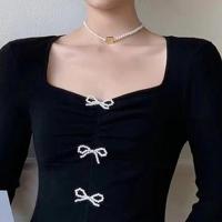 Suéter de punto con lazo de estilo francés para mujer, jersey de manga larga con pliegues, ajustado, dividido, Tops de moda - details 8