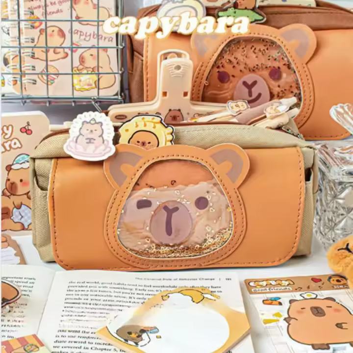 Bolsa de Pluma Capibara en Forma de Estrella Gran Capacidad Estante de Papelería de Lona con Brillo - 1