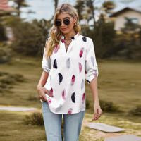 Camisa con estampado de plumas de tres cuartos y manga e para mujer, cuello en V, otoño, nueva - details 28