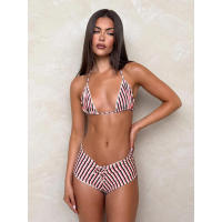 Conjunto de dos piezas de bikini a rayas sexy estilo vacacional americano Lianlianbuwang, top halter y shorts para chica atractiva - details 10