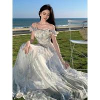 Estilo de vacaciones junto al mar falda con tirantes hilo borde con volantes vestido de playa atmósfera vestido largo elegante ventilador de hadas - details 3