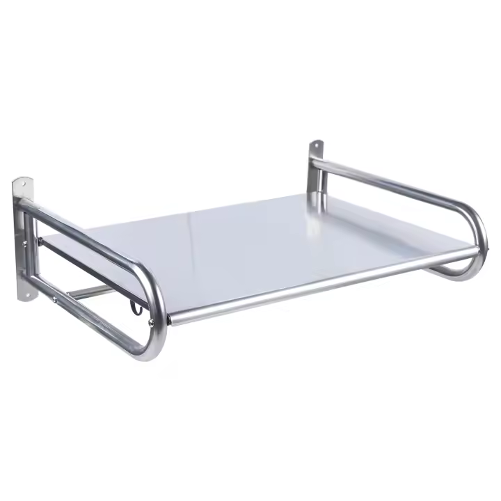 Estante de cocina Rectangular de acero inoxidable, soporte de pared para microondas, estante de oficina para baño, Plata con 6 ganchos de hasta 30 kg - 1