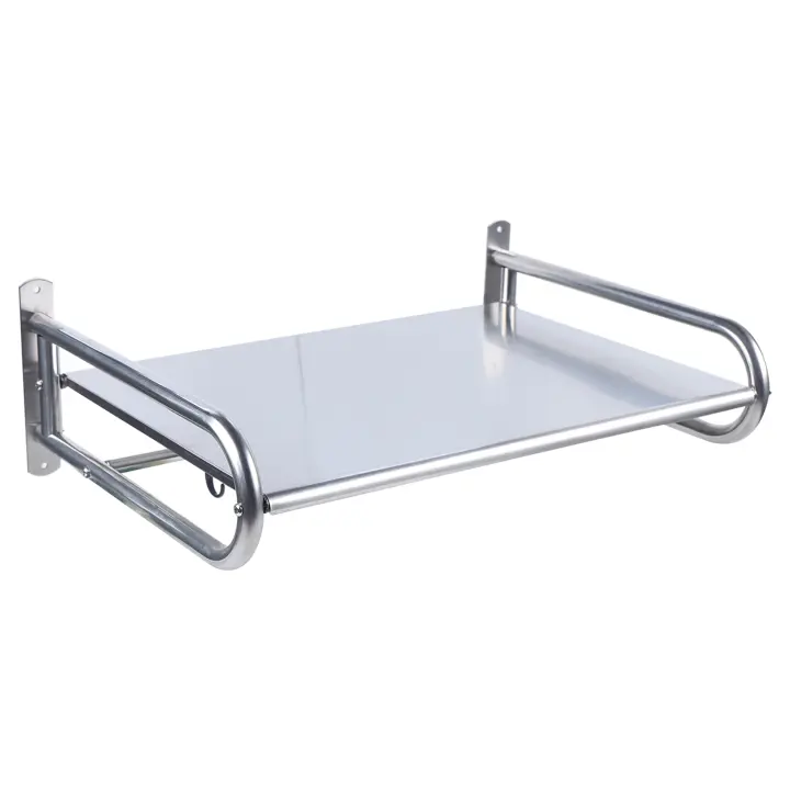 Estante de cocina Rectangular de acero inoxidable, soporte de pared para microondas, estante de oficina para baño, Plata con 6 ganchos de hasta 30 kg - 1