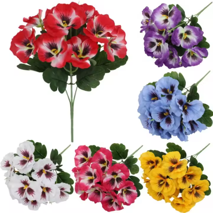 Nuevas flores artificiales de cinco bifurcaciones, flores de pensamiento, flores falsas de plástico, ramo de boda DIY para decoración de mesa de habitación de porche - 1