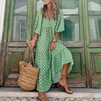 BUNO-Vestido largo bohemio con mangas abullonadas para mujer, vestido vintage elegante a la moda informal con estampado floral y cuello en V, vestidos holgados para fiesta en la playa y vacaciones - details 3