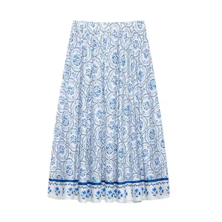 Falda Casual Chic Vintage OUWU Estampado Plisado Cremallera Lateral Moda Primavera Verano Vacaciones - 1