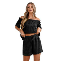 Conjunto de dos piezas de manga corta holgado de color sólido con hombros descubiertos informal para mujer, nueva colección primavera verano - details 21