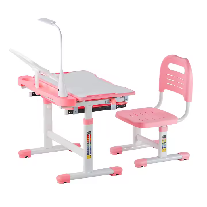 SucceBuy Juego de escritorio y silla de estudio ajustable para niños con lámpara, escritorio inclinado (0-40 ° ), Personalización de altura, Rosa - 1
