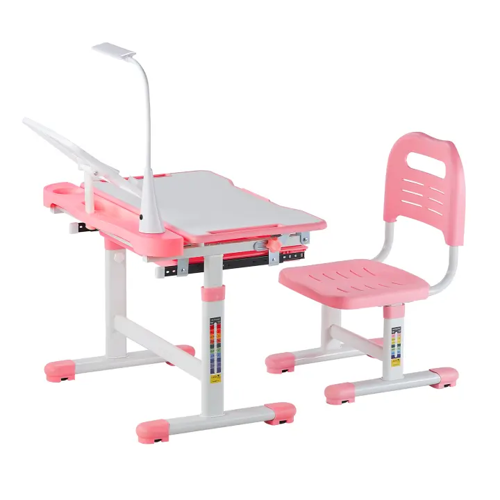 SucceBuy Juego de escritorio y silla de estudio ajustable para niños con lámpara, escritorio inclinado (0-40 ° ), Personalización de altura, Rosa - 1