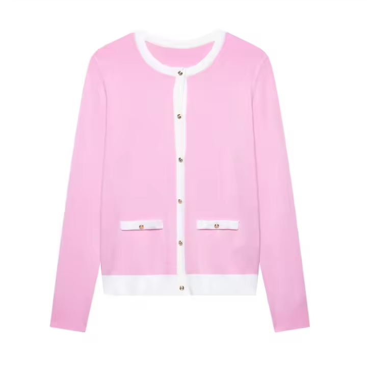 PB & ZA 2025 Chaqueta de punto de manga larga con cuello redondo y borde empalmado, cárdigan versátil informal sencillo con una hilera de botones para mujer - 1