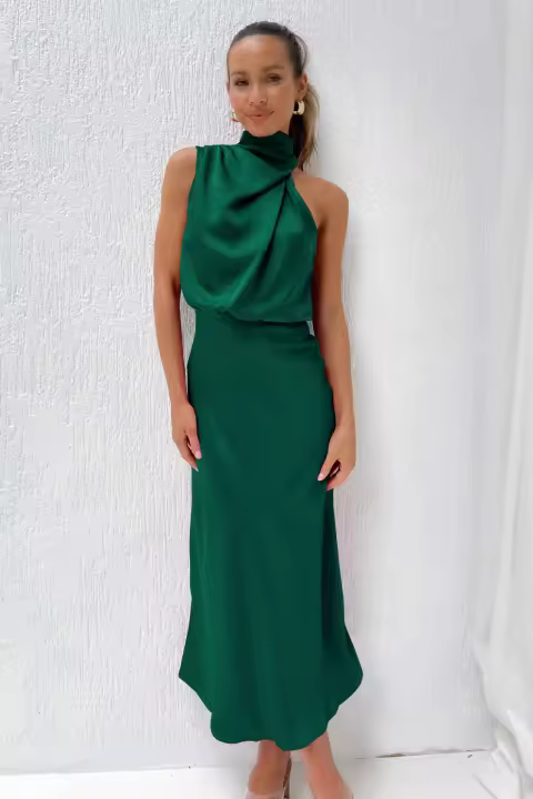 Elegante vestido de noche de satén sin mangas estilo europeo americano de alta gama para damas - 1