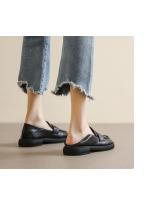 Zapatos de cuero negros estilo británico para mujer, suela gruesa, nuevo estilo primavera 2025, mocasines de tacón grueso de un solo paso, cabeza redonda, zapatos de mujer de dos usos - details 3