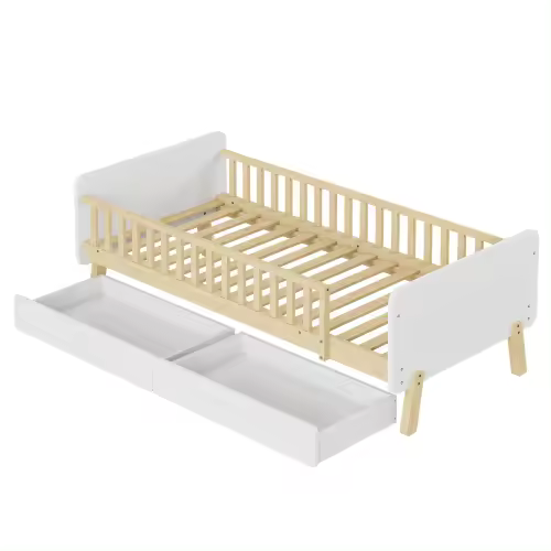 Cuna 90x190 con 2 cajones, cama individual de madera maciza con somier de láminas, blanco - 1