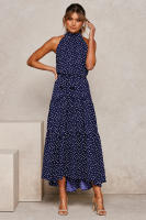 Vestido largo de mujer europea y americana 2025, nuevo vestido con cordones, estampado de lunares y cuello. - details 24