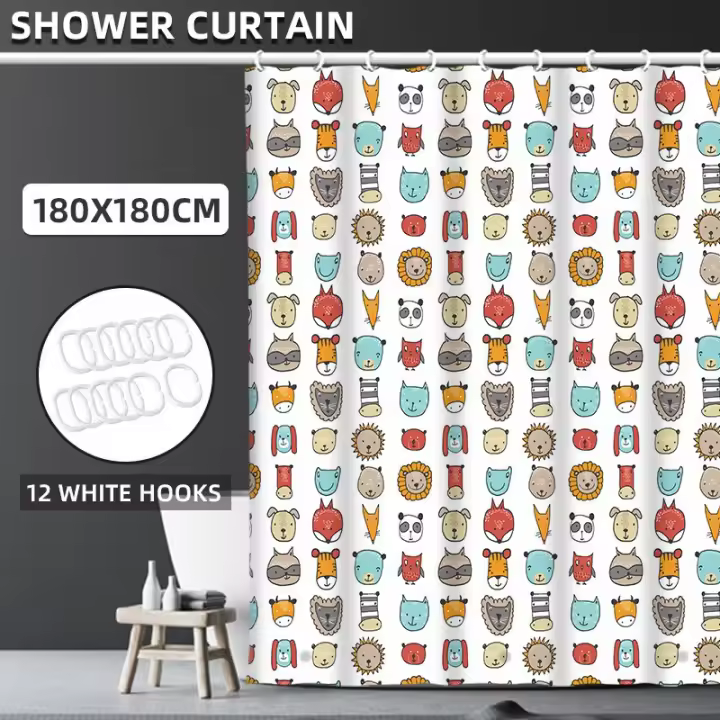 Cortina de Baño 180x180, Animales de Dibujos Animados Graffiti Colorido para Niños y Niñas, Tejido Impermeable Lavable - 1