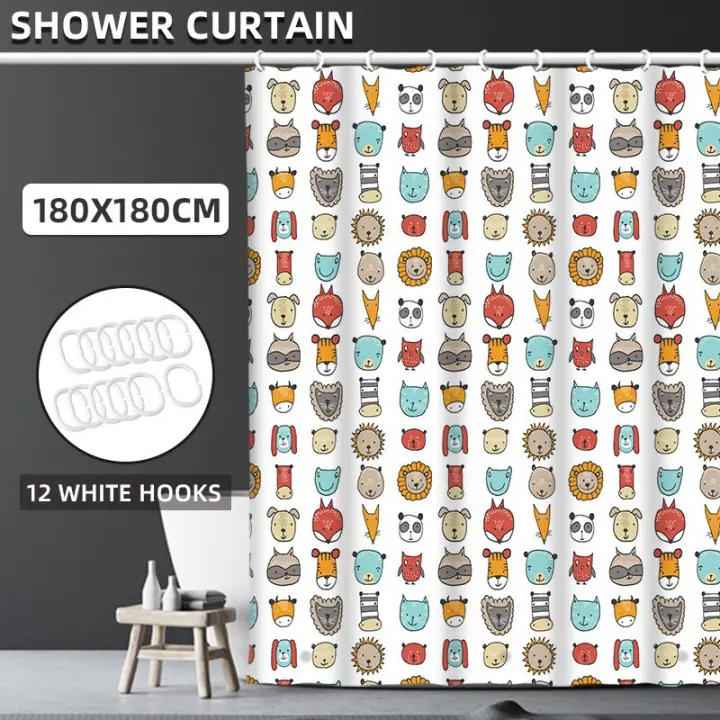Cortina de Baño 180x180, Animales de Dibujos Animados Graffiti Colorido para Niños y Niñas, Tejido Impermeable Lavable - 1
