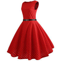 Dot print women hepburn 50s 60s swing vintage a-line party dresses with belt - details 8