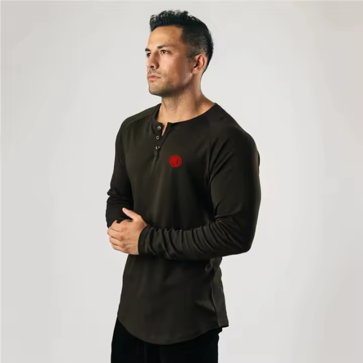 Black Slim Fitting T-shirt Top Simple Casual American Tough Guy Fitness Long Sleeve - 1