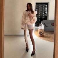 Mini Vestidos elegantes lisos con blusa para mujer, cuello en V, manga larga, empalmado con cordones, vestido de estilo dulce, novedad de 2025, Vestidos de fiesta callejera - details 14
