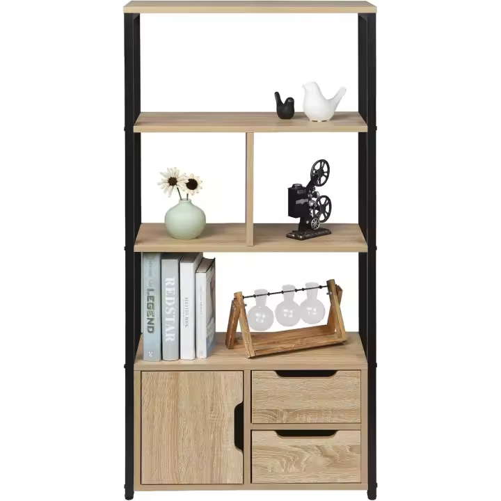 Estantería de Libros de Madera Transparente de 4 Baldos Estante Industrial de Escalera con Armario y Cajones 58x24x120cm Roble Claro - 1