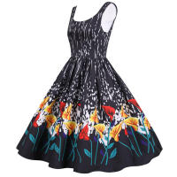 Women vintage spaghetti strap floral print high waist elegant sleeveless a-line party midi dress - details 34